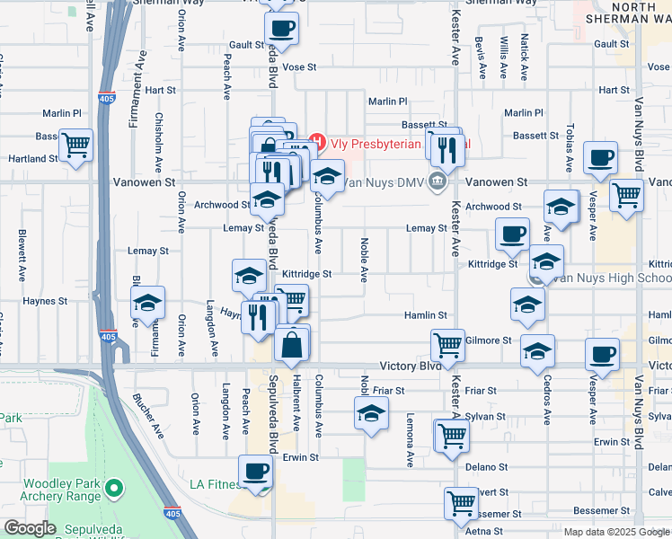 map of restaurants, bars, coffee shops, grocery stores, and more near 6601 Burnet Avenue in Los Angeles