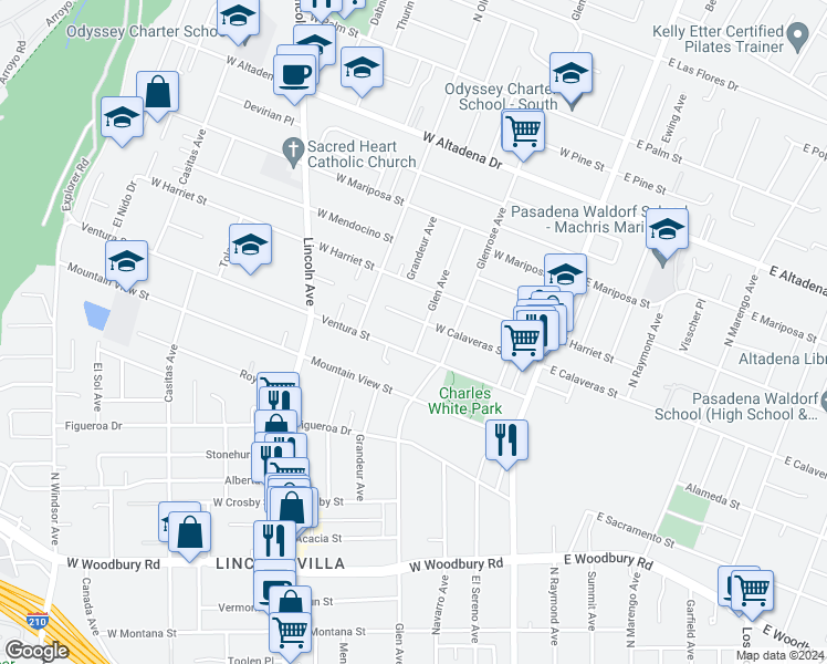 map of restaurants, bars, coffee shops, grocery stores, and more near 2611 Glen Avenue in Altadena