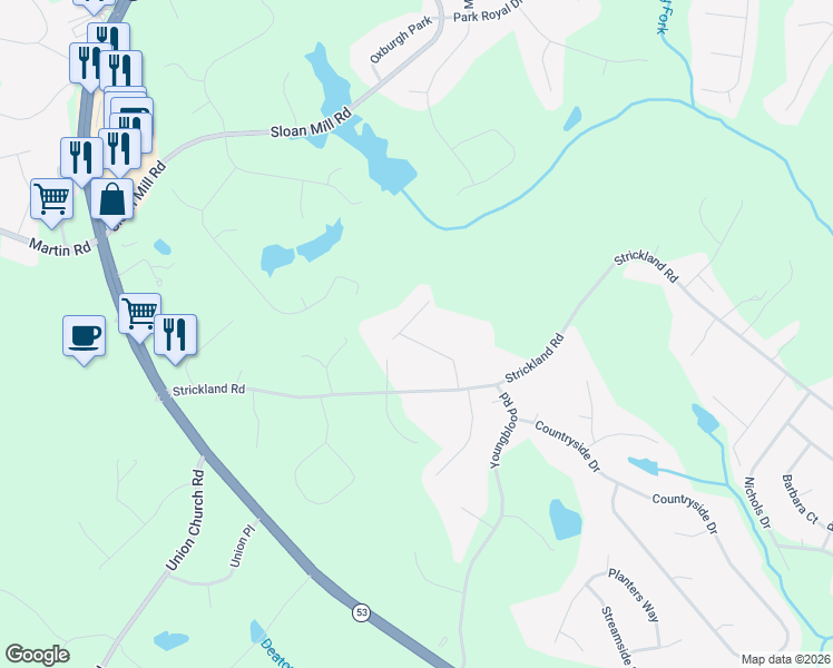 map of restaurants, bars, coffee shops, grocery stores, and more near 4546 Cash Drive in Flowery Branch