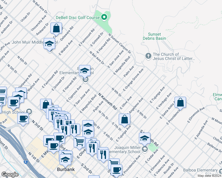 map of restaurants, bars, coffee shops, grocery stores, and more near 839 East Palm Avenue in Burbank