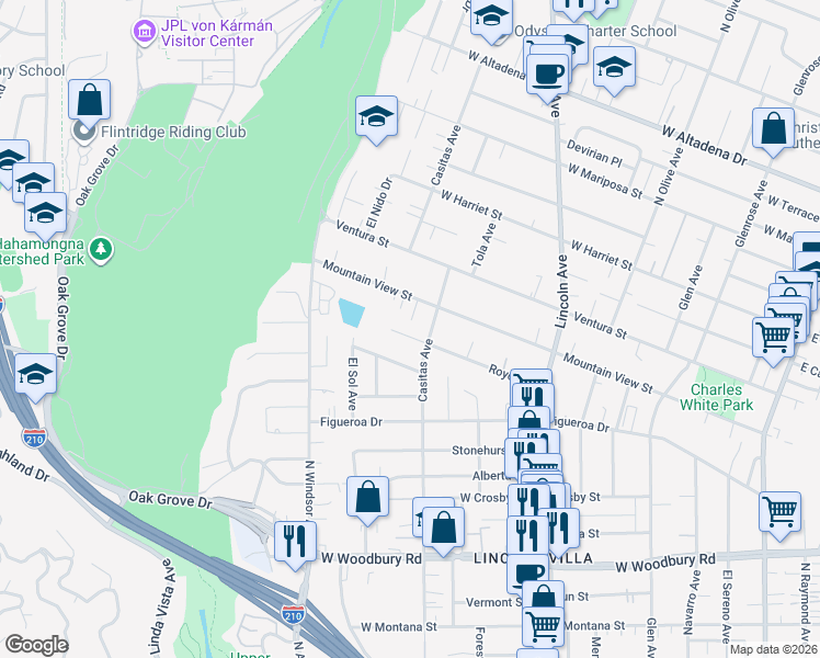 map of restaurants, bars, coffee shops, grocery stores, and more near 693 Royce Street in Altadena