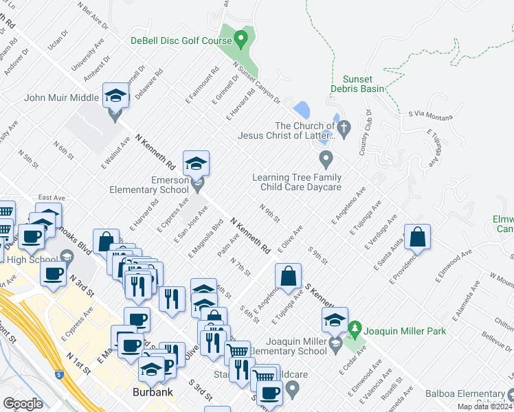 map of restaurants, bars, coffee shops, grocery stores, and more near 839 East Palm Avenue in Burbank