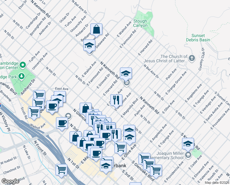 map of restaurants, bars, coffee shops, grocery stores, and more near 701 East Cypress Avenue in Burbank
