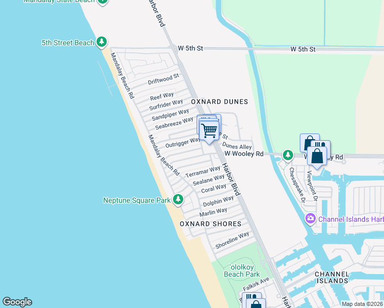 map of restaurants, bars, coffee shops, grocery stores, and more near 5135 West Wooley Road in Oxnard