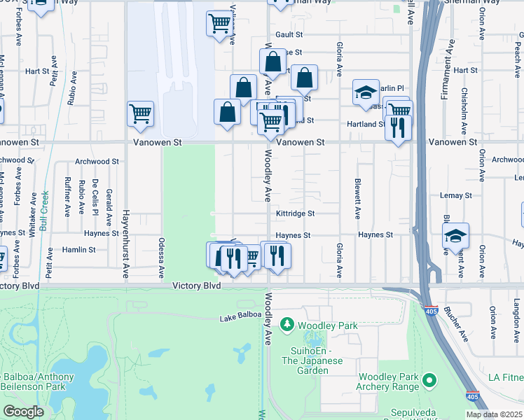 map of restaurants, bars, coffee shops, grocery stores, and more near 6601 Woodley Avenue in Los Angeles