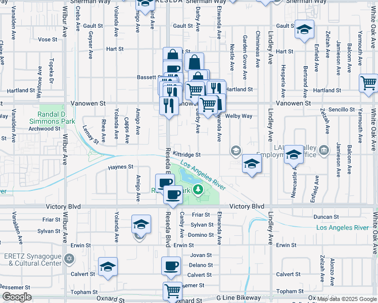 map of restaurants, bars, coffee shops, grocery stores, and more near 18425 Kittridge Street in Los Angeles