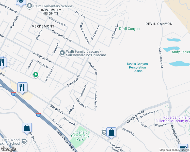 map of restaurants, bars, coffee shops, grocery stores, and more near 2367 Hyatt Road in San Bernardino