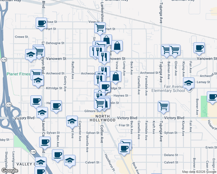 map of restaurants, bars, coffee shops, grocery stores, and more near 6606 Lankershim Boulevard in Los Angeles