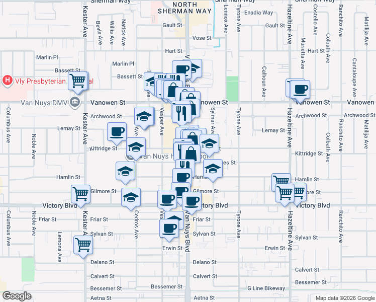 map of restaurants, bars, coffee shops, grocery stores, and more near 17607 Sherman Way in Los Angeles