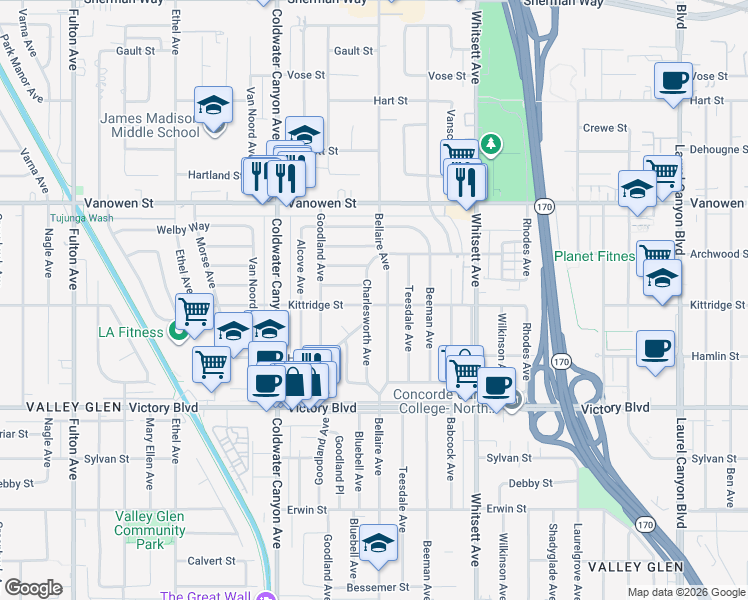map of restaurants, bars, coffee shops, grocery stores, and more near 6602 Charlesworth Avenue in Los Angeles
