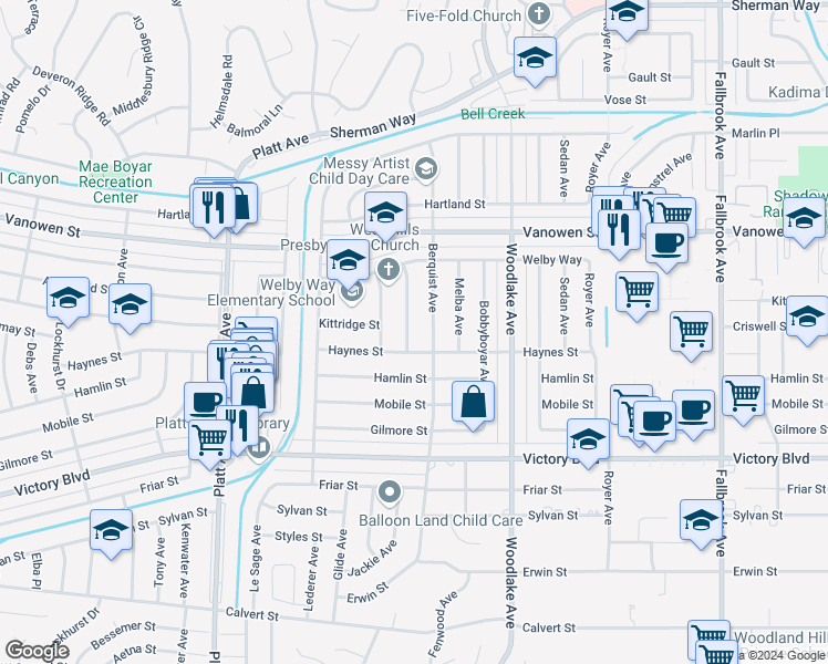 map of restaurants, bars, coffee shops, grocery stores, and more near 6620 Brennan Avenue in Los Angeles