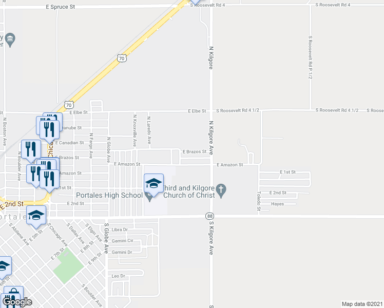 map of restaurants, bars, coffee shops, grocery stores, and more near 1616 East Brazos Street in Portales