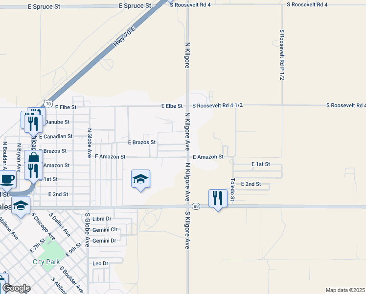 map of restaurants, bars, coffee shops, grocery stores, and more near 1636 East Brazos Street in Portales