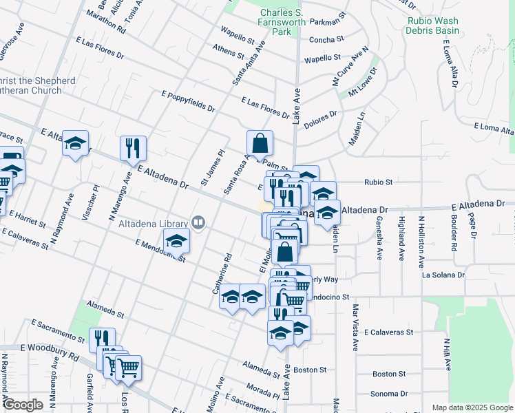 map of restaurants, bars, coffee shops, grocery stores, and more near 670 East Pine Street in Altadena