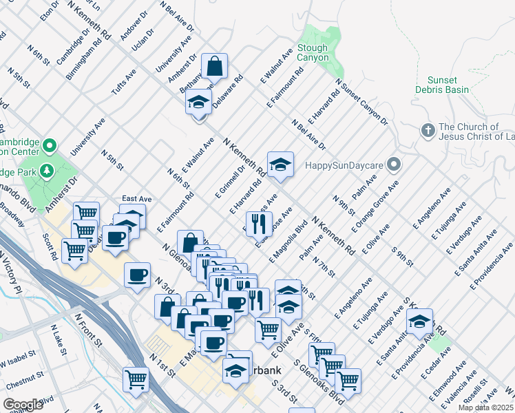 map of restaurants, bars, coffee shops, grocery stores, and more near 704 East Harvard Road in Burbank