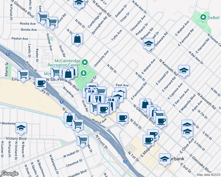 map of restaurants, bars, coffee shops, grocery stores, and more near 1123 North Glenoaks Boulevard in Burbank