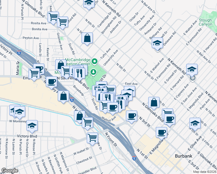 map of restaurants, bars, coffee shops, grocery stores, and more near 316 Bethany Road in Burbank