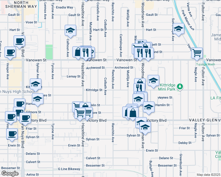 map of restaurants, bars, coffee shops, grocery stores, and more near 6624 Ranchito Avenue in Los Angeles