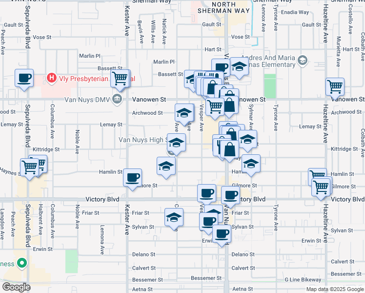 map of restaurants, bars, coffee shops, grocery stores, and more near 14623 Kittridge Street in Los Angeles