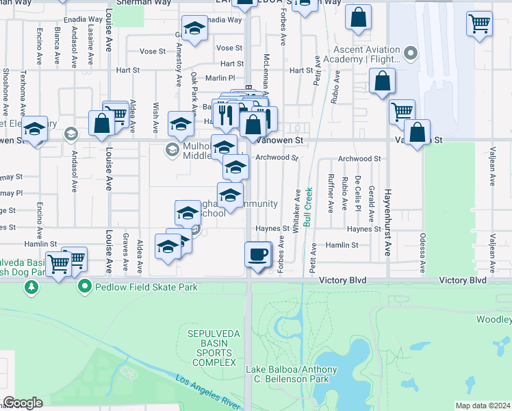 map of restaurants, bars, coffee shops, grocery stores, and more near 6624 McLennan Avenue in Los Angeles