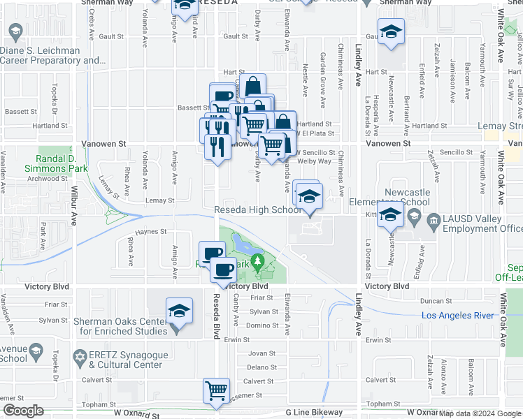 map of restaurants, bars, coffee shops, grocery stores, and more near 6620 Darby Avenue in Los Angeles