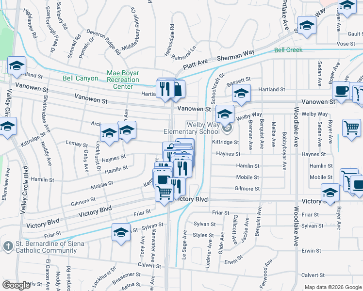 map of restaurants, bars, coffee shops, grocery stores, and more near 6621 Birchton Avenue in Los Angeles