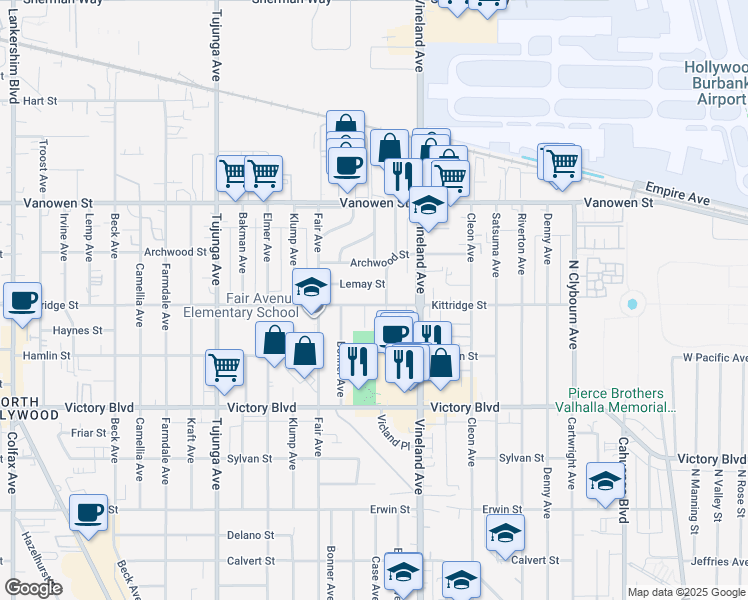 map of restaurants, bars, coffee shops, grocery stores, and more near 11063 Kittridge Street in Los Angeles