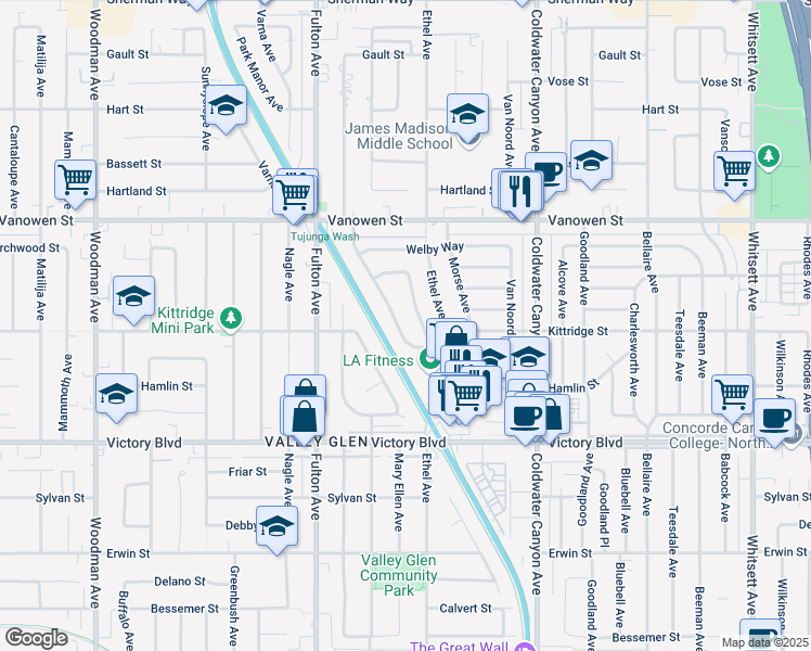 map of restaurants, bars, coffee shops, grocery stores, and more near 6649 Ampere Avenue in Los Angeles