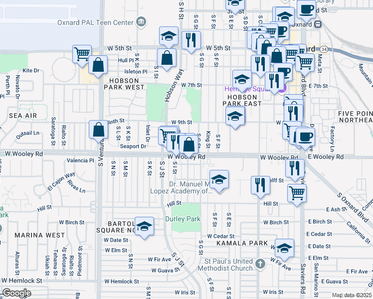 map of restaurants, bars, coffee shops, grocery stores, and more near 1049 South H Street in Oxnard