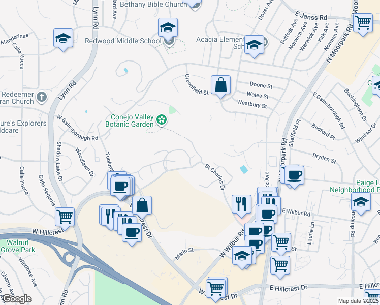 map of restaurants, bars, coffee shops, grocery stores, and more near 224 Oak Leaf Drive in Thousand Oaks