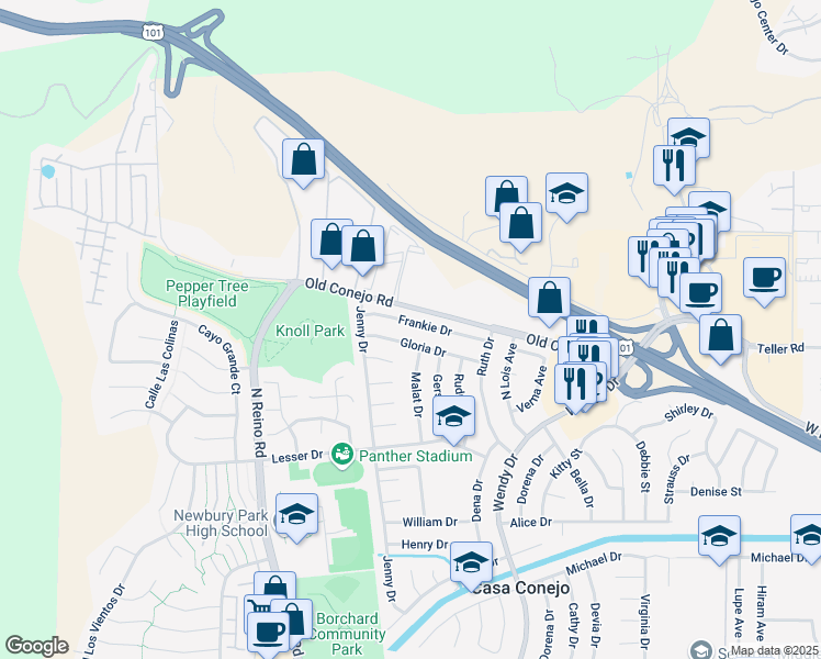 map of restaurants, bars, coffee shops, grocery stores, and more near 3410 Frankie Drive in Casa Conejo