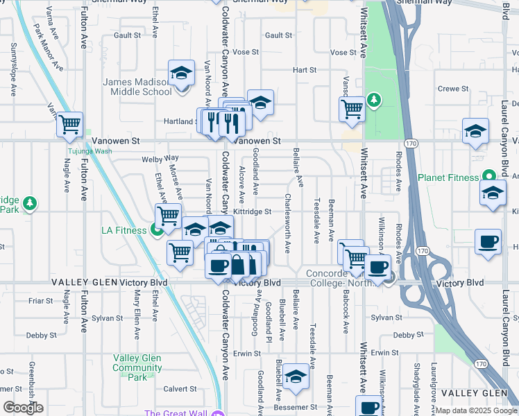 map of restaurants, bars, coffee shops, grocery stores, and more near 12767 Kittridge Street in Los Angeles