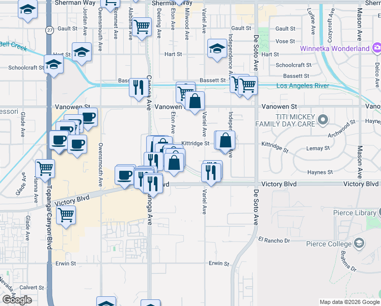 map of restaurants, bars, coffee shops, grocery stores, and more near 21200 Kittridge Street in Los Angeles