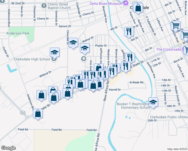 map of restaurants, bars, coffee shops, grocery stores, and more near 424 Adams Avenue in Clarksdale