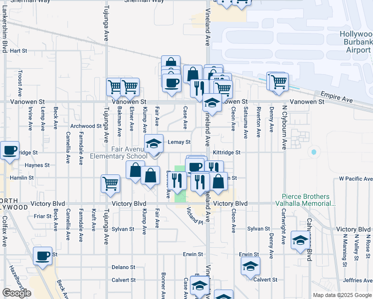map of restaurants, bars, coffee shops, grocery stores, and more near 11057 Kittridge Street in Los Angeles