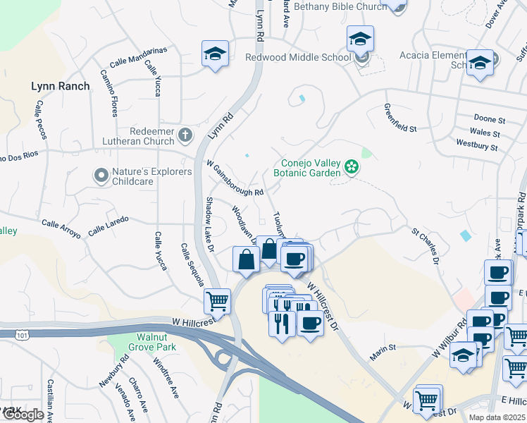 map of restaurants, bars, coffee shops, grocery stores, and more near 768 Tuolumne Avenue in Thousand Oaks