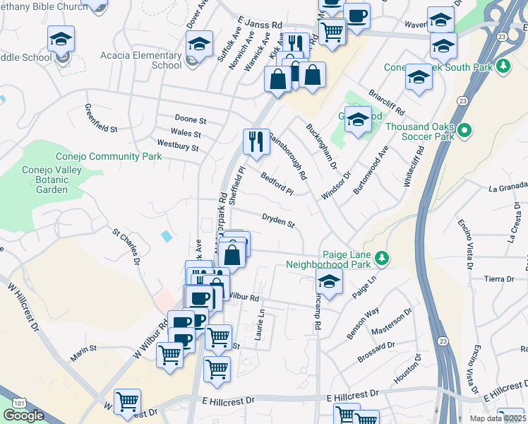 map of restaurants, bars, coffee shops, grocery stores, and more near 221 Dryden Street in Thousand Oaks