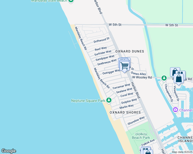 map of restaurants, bars, coffee shops, grocery stores, and more near 1065 Mandalay Beach Road in Oxnard