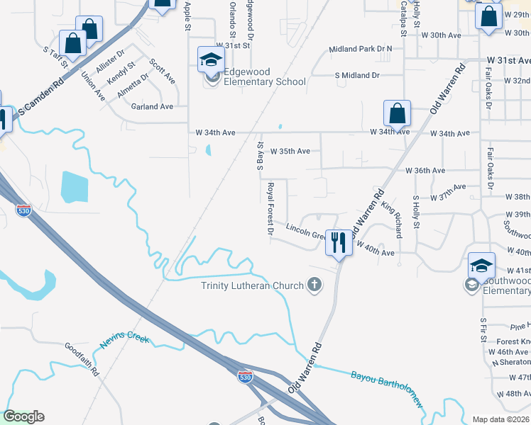 map of restaurants, bars, coffee shops, grocery stores, and more near 3901 Royal Forest Drive in Pine Bluff