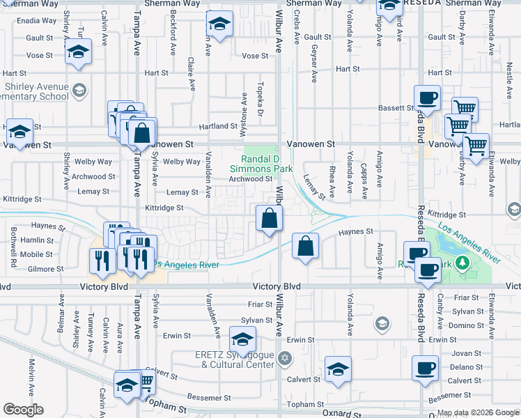 map of restaurants, bars, coffee shops, grocery stores, and more near 18933 Kittridge Street in Los Angeles