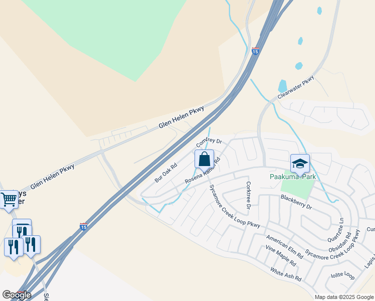 map of restaurants, bars, coffee shops, grocery stores, and more near 3641 Bur Oak Road in San Bernardino