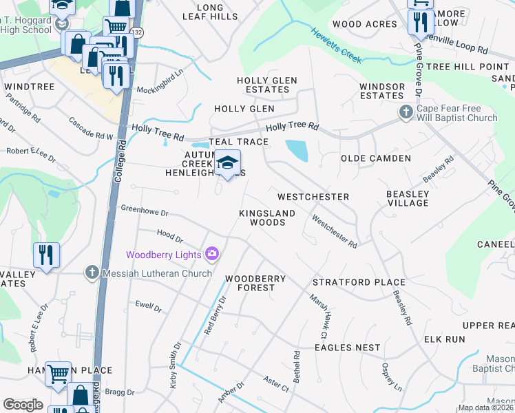 map of restaurants, bars, coffee shops, grocery stores, and more near 3104 Braemar Lane in Wilmington