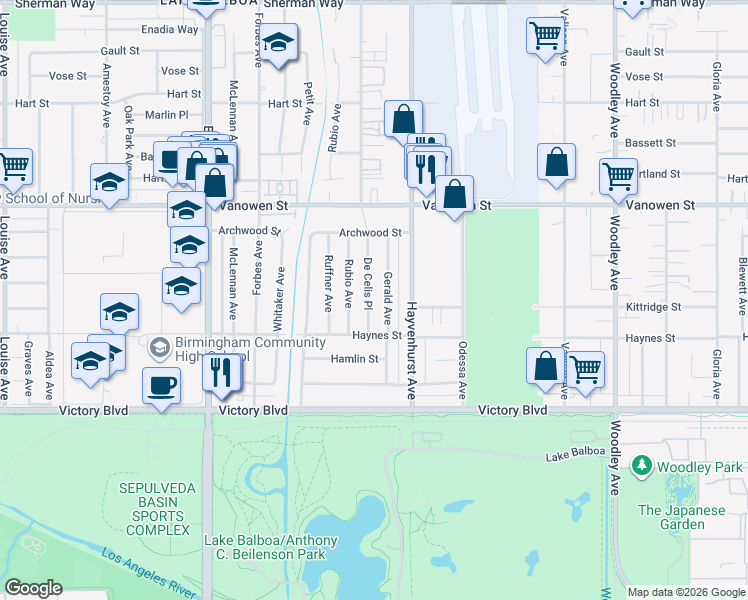 map of restaurants, bars, coffee shops, grocery stores, and more near 6602 De Celis Place in Los Angeles