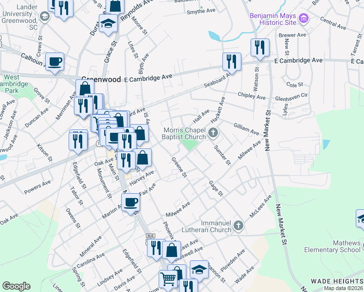 map of restaurants, bars, coffee shops, grocery stores, and more near 420 Byrd Street in Greenwood