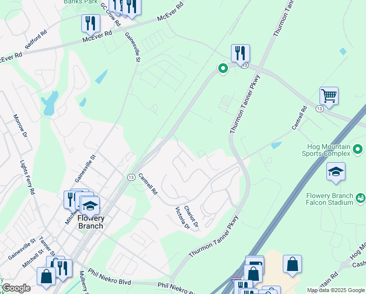 map of restaurants, bars, coffee shops, grocery stores, and more near 4952 Vireo Drive in Flowery Branch