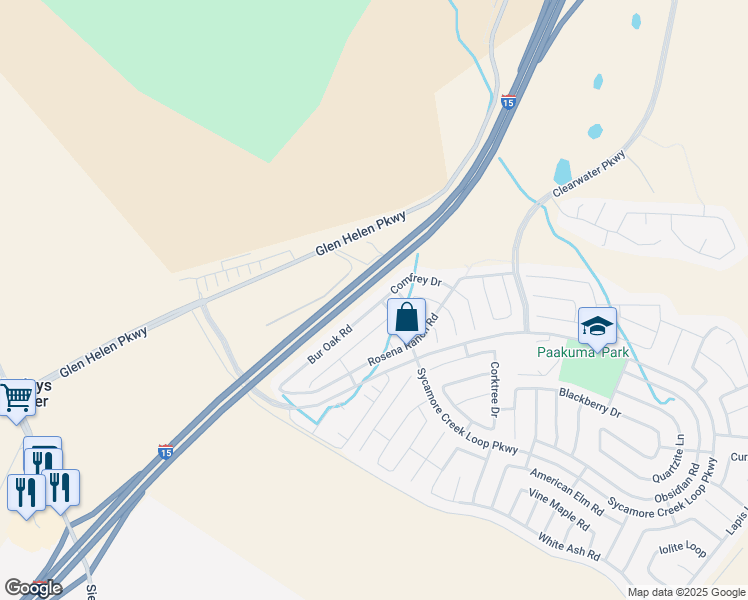 map of restaurants, bars, coffee shops, grocery stores, and more near 3641 Bur Oak Road in San Bernardino