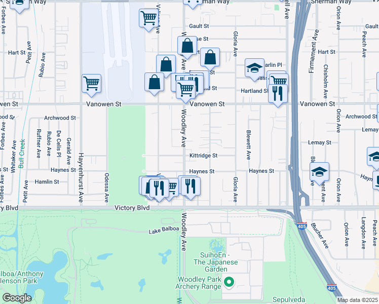 map of restaurants, bars, coffee shops, grocery stores, and more near 6600 Woodley Ave in Van Nuys
