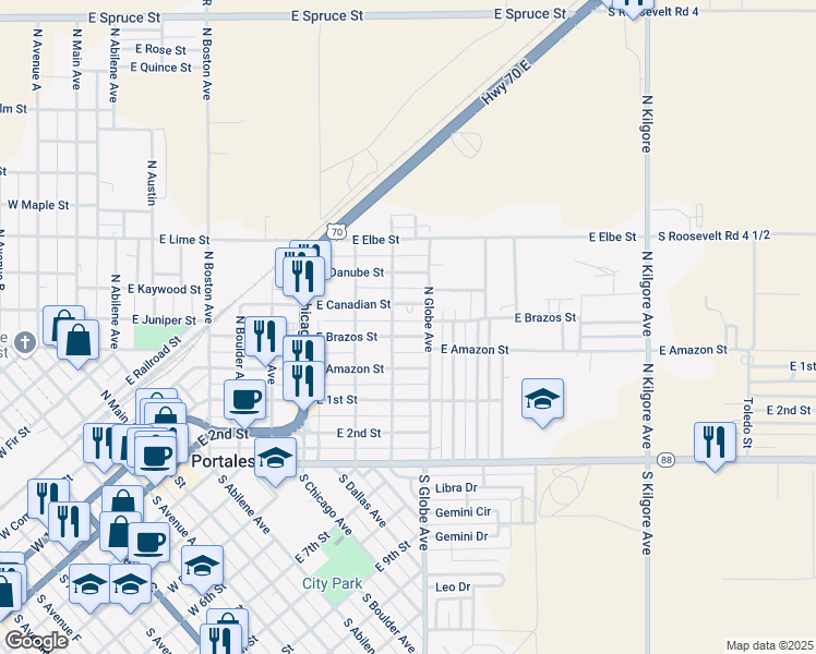 map of restaurants, bars, coffee shops, grocery stores, and more near 1028 East Canadian Street in Portales