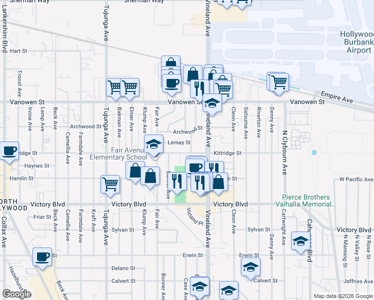 map of restaurants, bars, coffee shops, grocery stores, and more near 11057 Kittridge Street in Los Angeles