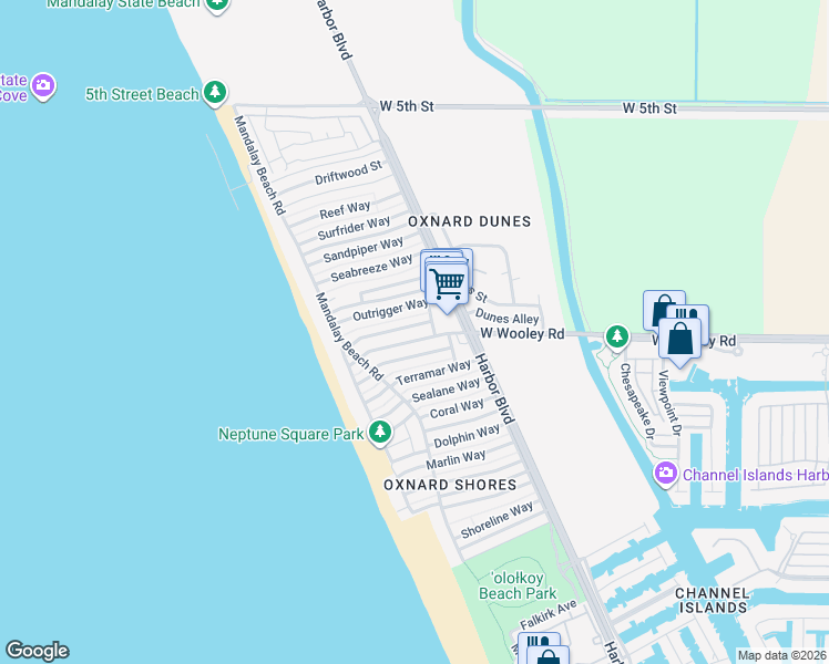 map of restaurants, bars, coffee shops, grocery stores, and more near 5131 Breakwater Way in Oxnard